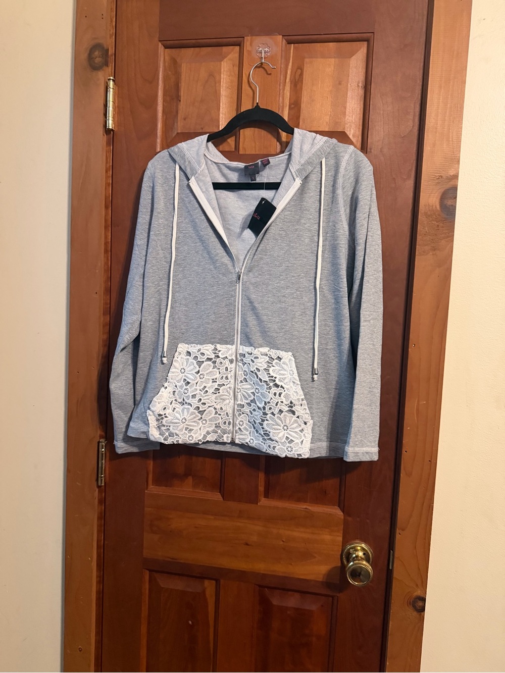 Lulus Light Gray Lace-Pocket Zip Hoodie Sweater -